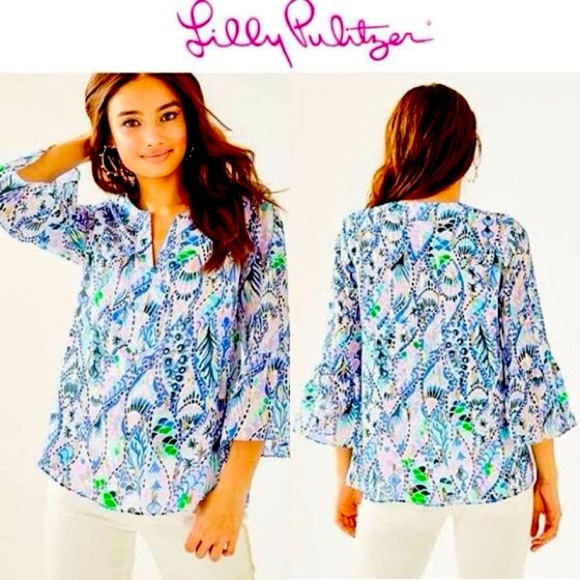 Lilly Pulitzer Elenora Blue Tails of the Sea Relaxed Blouse with Mandarin Collar - Picture 1 of 11
